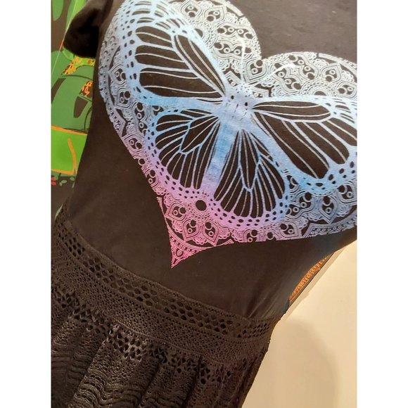 Handmade Upcycled Black Mini Dress with Butterfly and Lace. Some Stretch. L/XL - Picture 12 of 16